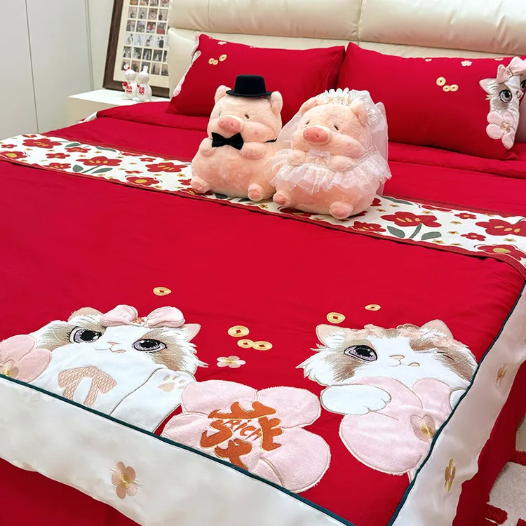 乐优公主结婚四件套招财猫婚庆床单喜被婚房床被套大红色床上用品
