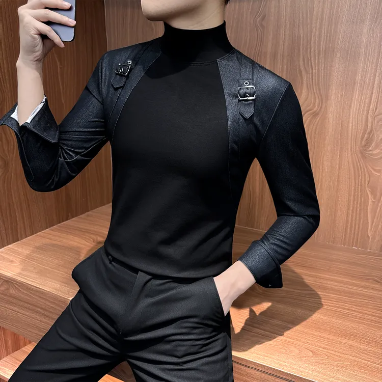 牛仔背带设计半高领长袖T恤男款硬汉风男装痞帅高级感男士打底衫