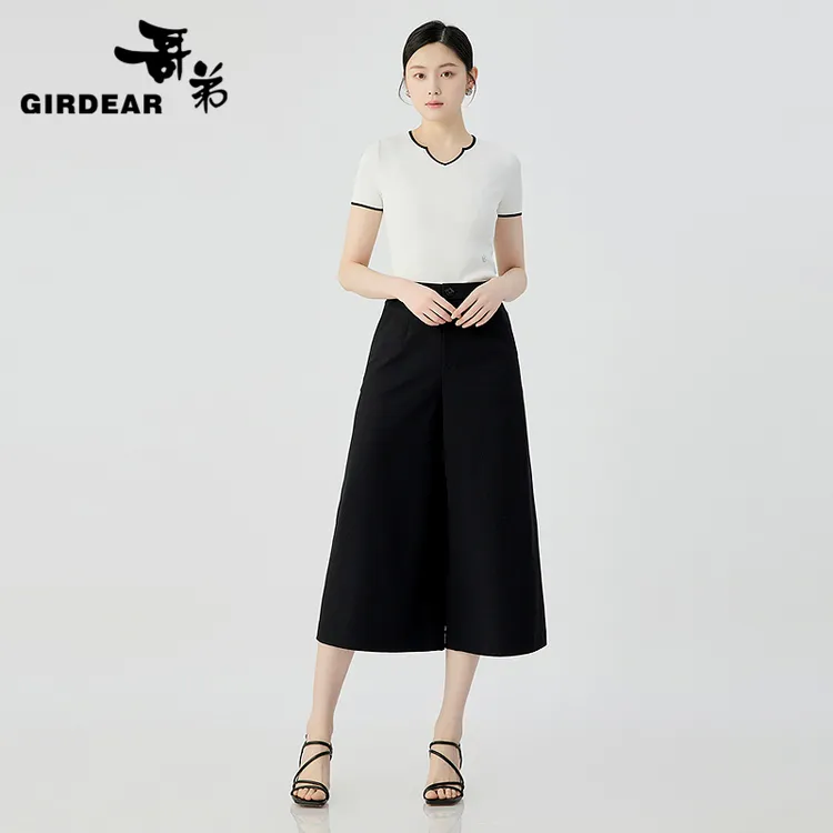 GIRDEAR/哥弟简约百搭高腰显瘦阔腿八分裤女110035夏季气质四面弹