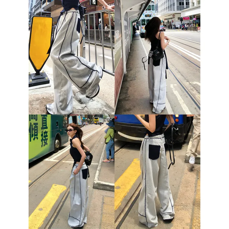 婉君【韩素希同款】时尚阔腿拼接显瘦拼色口袋牛仔裤 LWJ25B2K1457