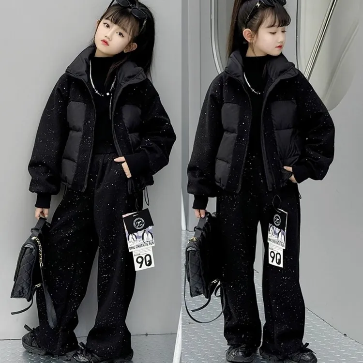 女童冬季棉衣套装童装新款毛呢拼接外套直筒裤两件套满天星短款袄