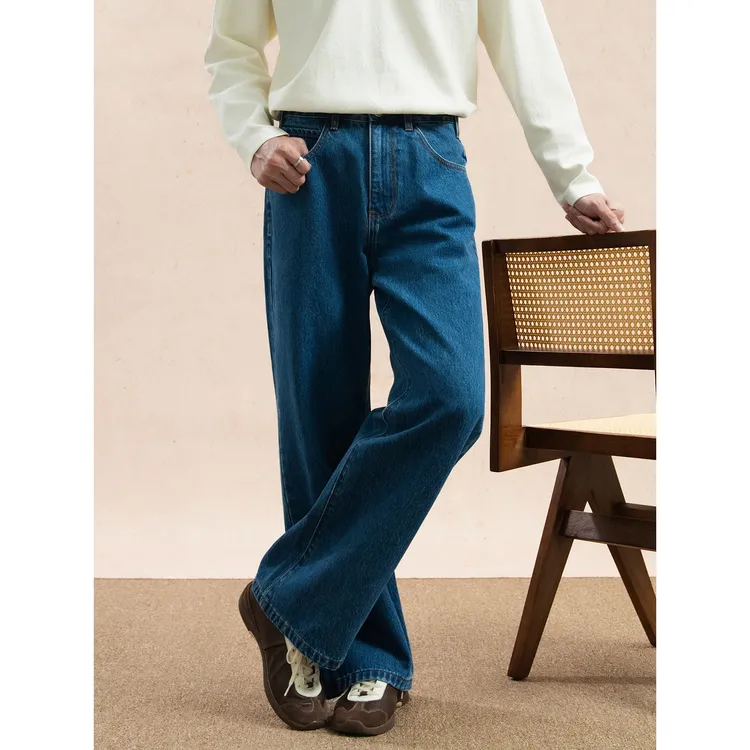 高级感深蓝色宽松微喇牛仔裤男2025秋冬新款潮流cleanfit休闲裤子