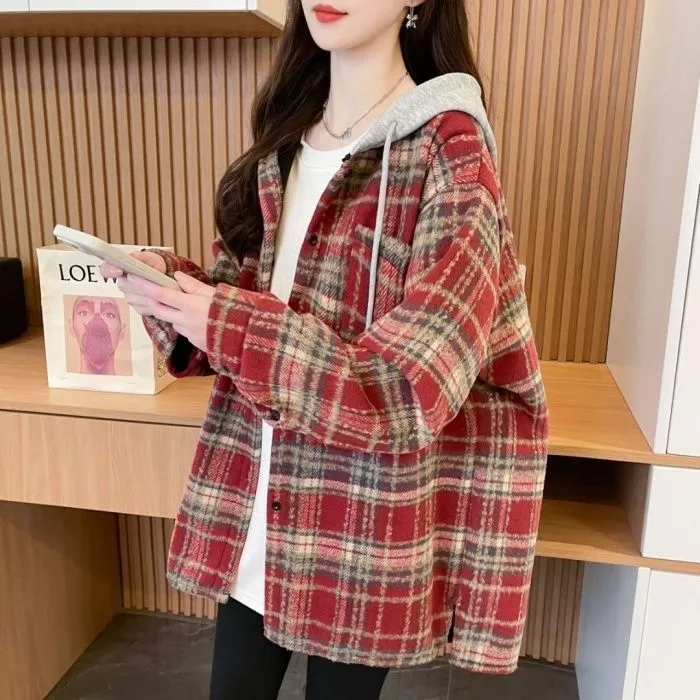 实拍原布格子后包领质量连帽格子薄款秋季新款衬衫上衣中长款外套