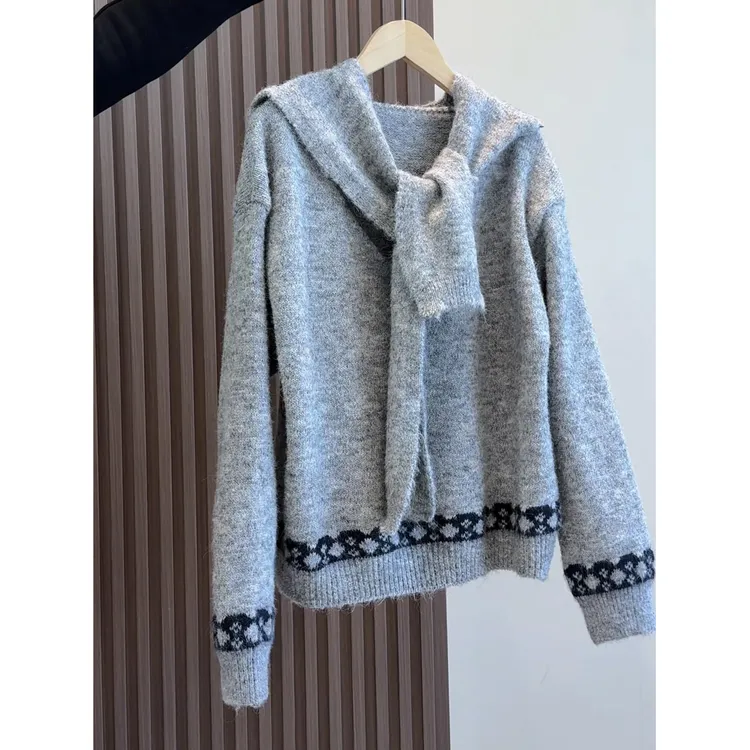 高级灰韩系披肩海军领V领毛衣慵懒风针织开衫披肩两件秋冬毛衣