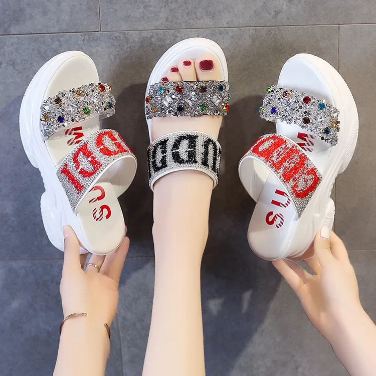 休闲满钻凉鞋拼色时尚修面皮外穿松糕鞋韩版凉鞋松糕跟坡跟女拖鞋
