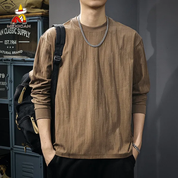 Mexican/稻草人美式复古提花长袖t恤男士春季宽松大码圆领打底衫