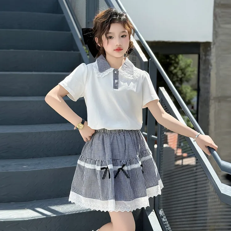 儿童夏装2025新款中大童女孩polo衫衣服女童夏季学院风半身裙套装