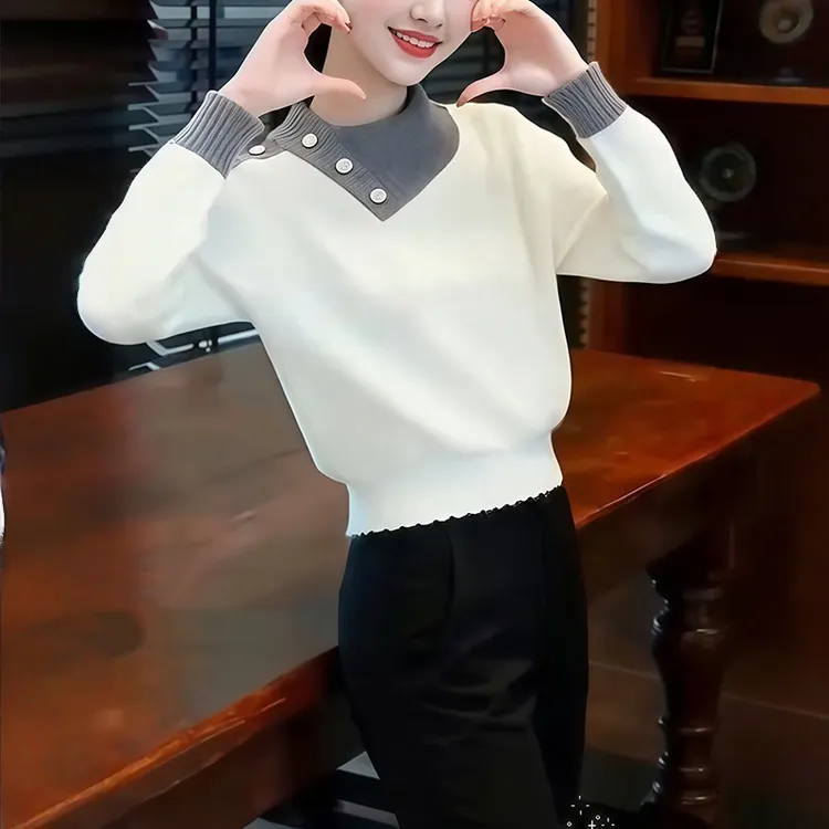 2025冬季新款老钱风拼色翻领针织衫毛衣高级感休闲气质长袖上衣潮