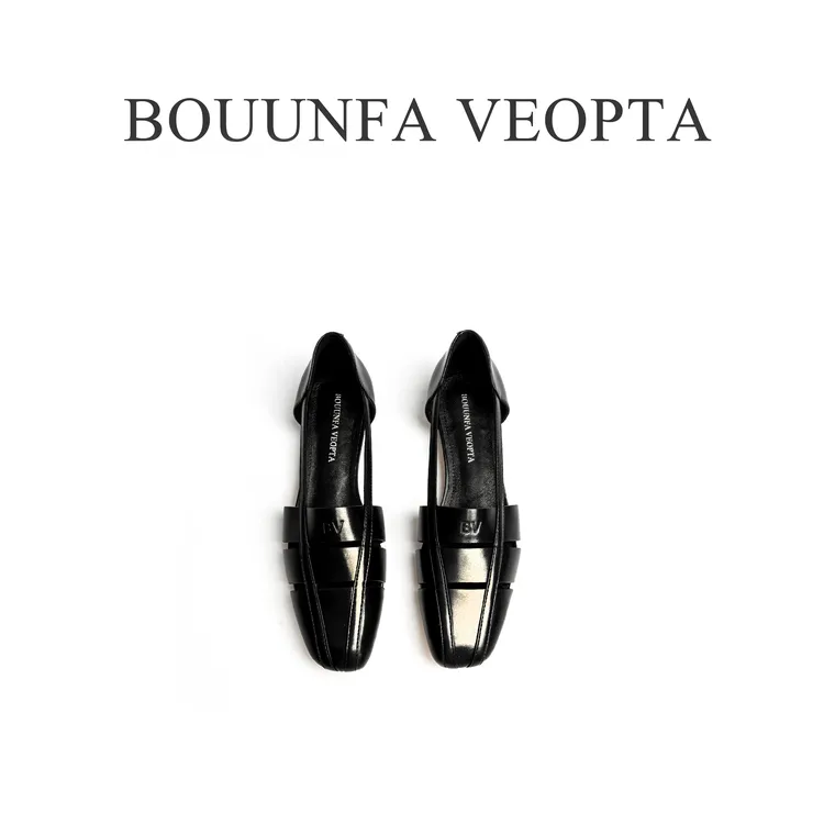 BOUUNFA VEOPTA时尚百搭女士黑色方头气质罗马风镂空小单鞋女鞋30