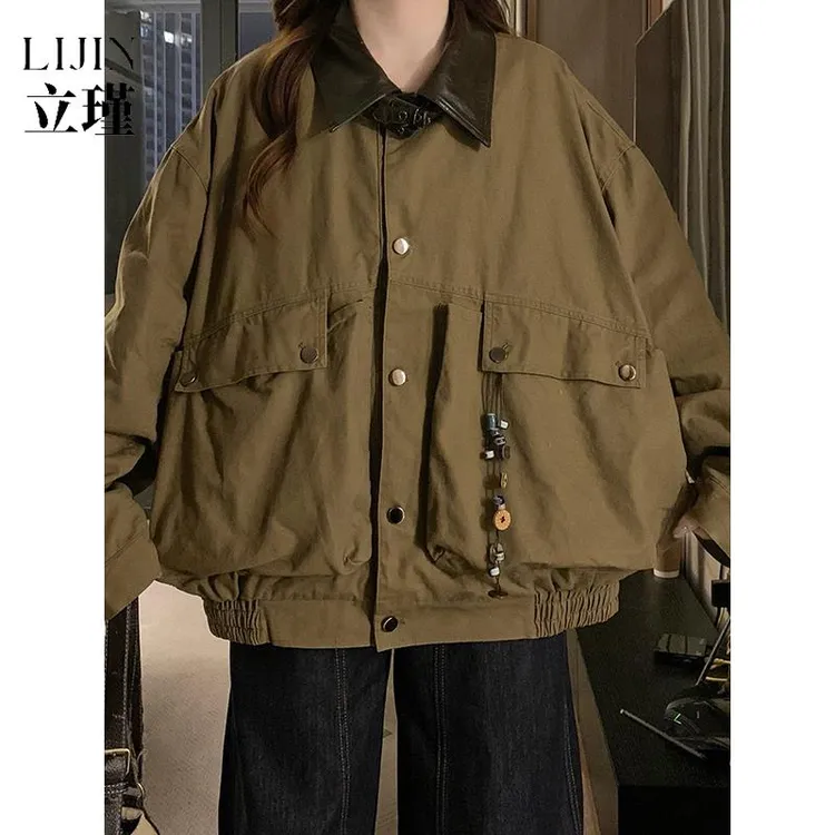 巴恩风工装外套女秋季美式复古水洗帆布夹克男女宽松设计感上衣潮