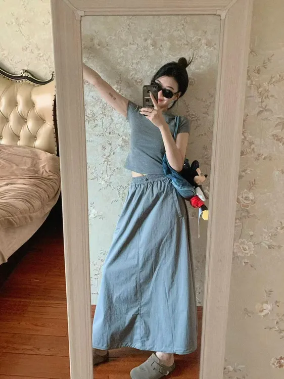 2025夏季新款韩系简约休闲风短袖T恤上衣高腰阔腿工装半身裙套装