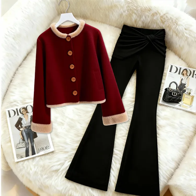 2025冬季新款高级感女装时尚气质复古外套显瘦微喇裤一整套装爆款