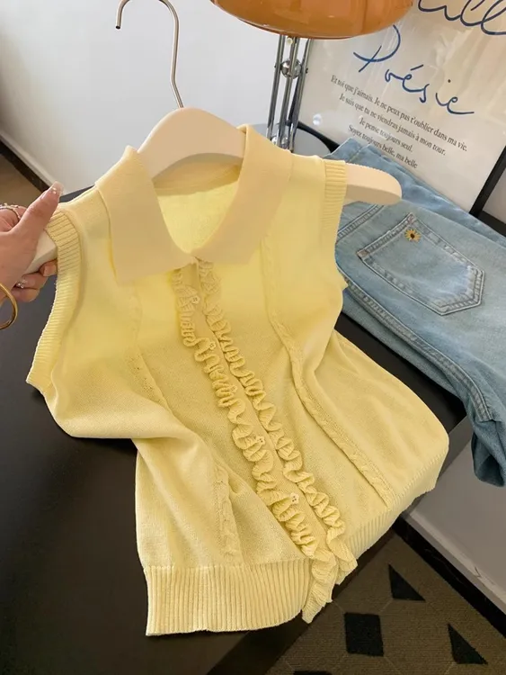 夏季外穿黄色木耳边坎肩工字宽肩带针织背心女polo领无袖t恤上衣