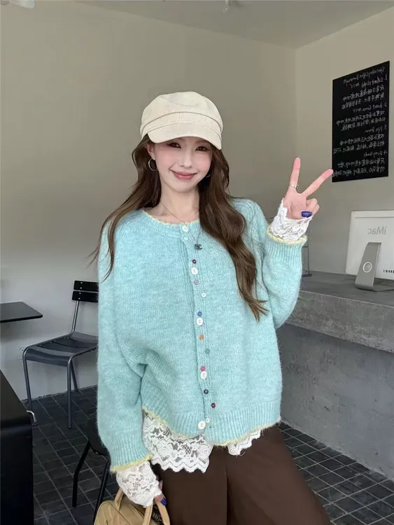 彩色纽扣软糯圆领毛衣外套秋季温柔时尚甜美宽松毛衣开衫外套女