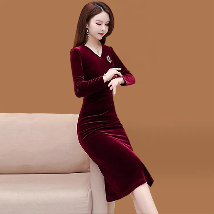 高端喜婆婆婚宴装礼服金丝绒高档长袖连衣裙女春秋款高贵洋气妈妈