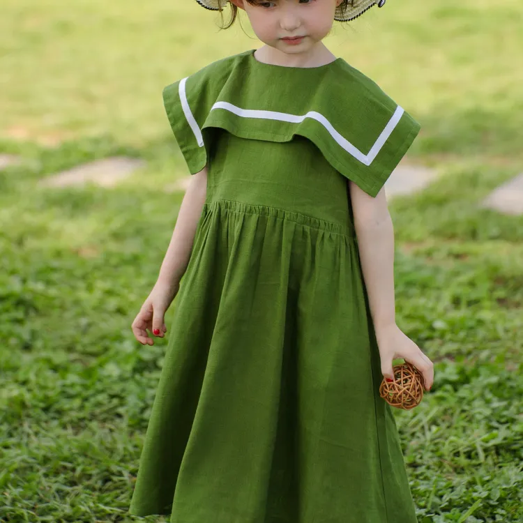 女童绿色海军风连衣裙 白边装饰柔软亲肤 夏日游玩/派对 宝妈热推