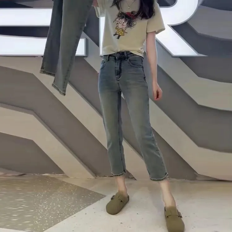 复古蓝春季新款高腰牛仔裤女小个子弹力百搭时尚显瘦直筒烟管裤子