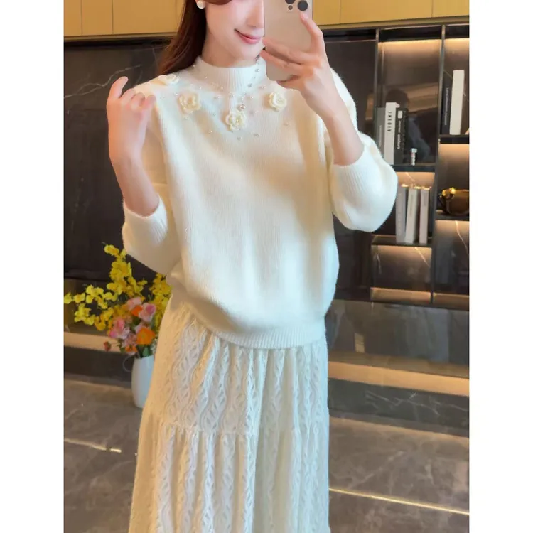 不起球 温柔风立领花朵珍珠毛衣女气质秋冬钉珠打底针织衫