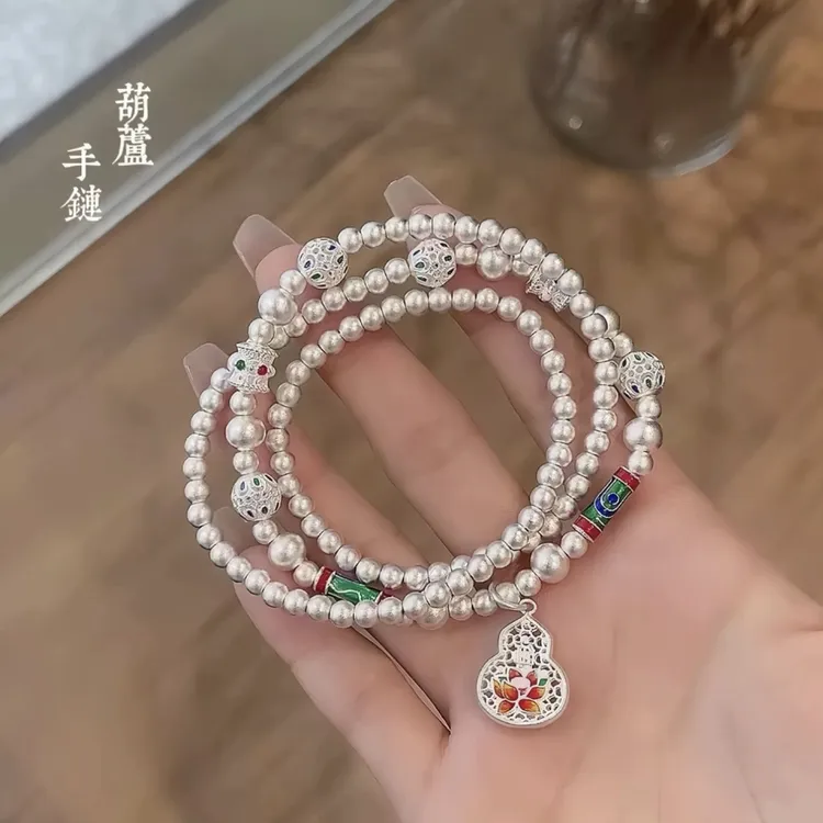足银珐琅手链 足银手链银9999三圈珐琅彩葫芦手链国风轻奢小众