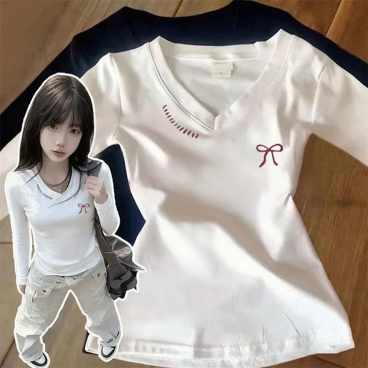 【ZHAP】V领长袖t恤女春秋款白色通勤休闲修身显瘦多巴胺穿搭上衣潮