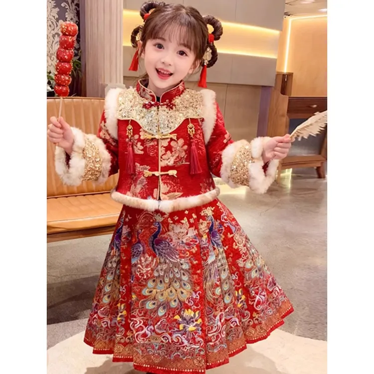 女童中国风汉服套装2025新款红色刺绣唐装边新年拜年服儿童演出服