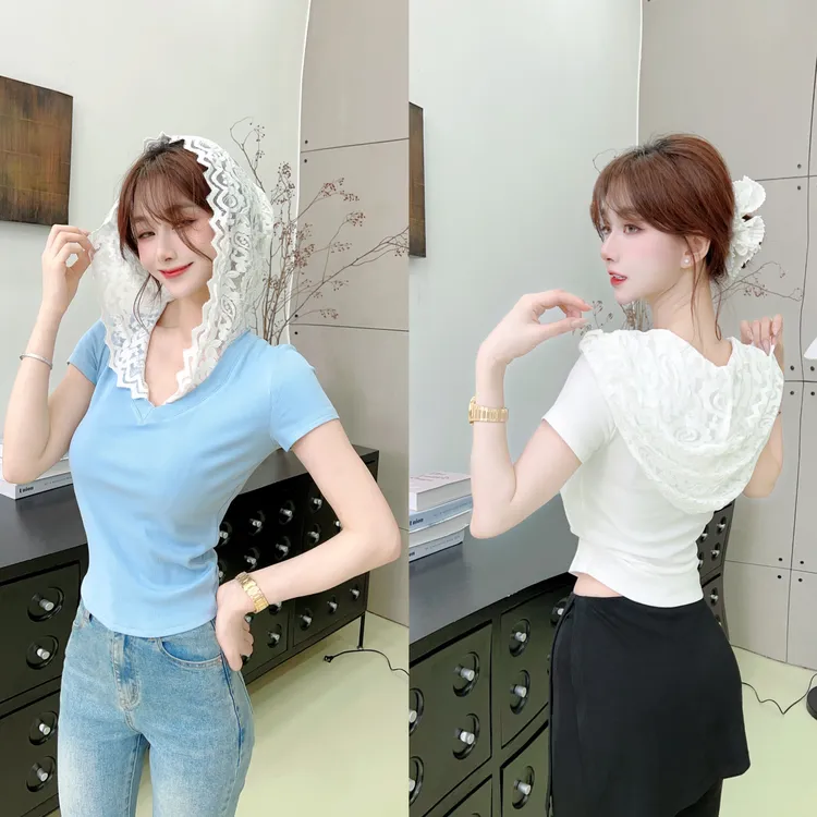 《单色胶片》温柔风拼接蕾丝连帽V领修身短袖衫上衣#8579