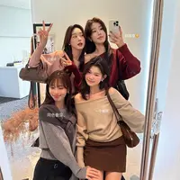安可拉红一字领露肩灯笼袖针织衫毛衣女2025秋氛围感气质打底上衣
