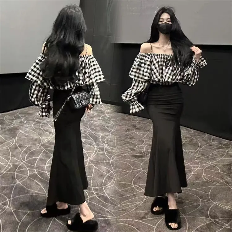 2025套装女格子荷叶边一字肩长袖衬衫露肩上衣+吊带鱼尾裙两件套