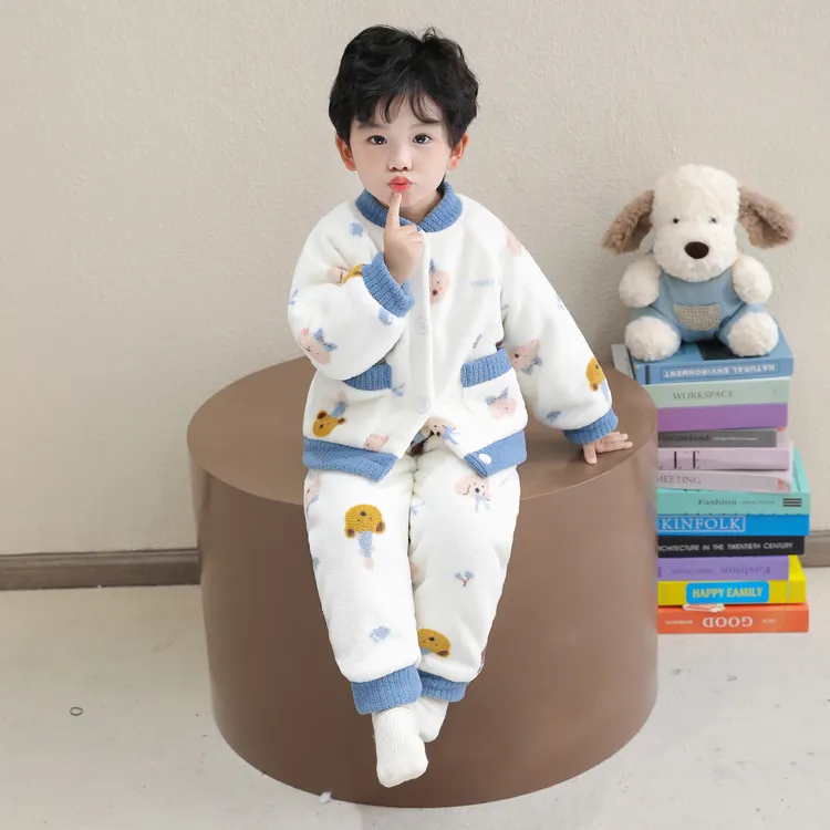 儿童珊瑚绒睡衣男童冬季保暖加绒加厚男宝宝法兰绒套装男孩家居服