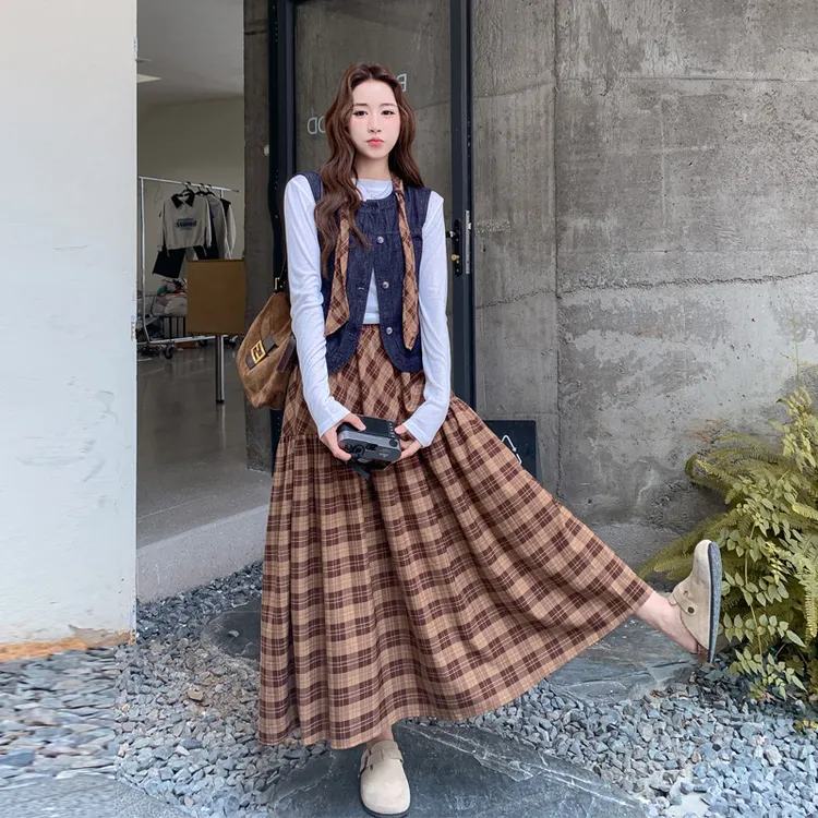 复古学院风马甲打底衫格纹半裙2025春秋新款森系文艺范气质三件套