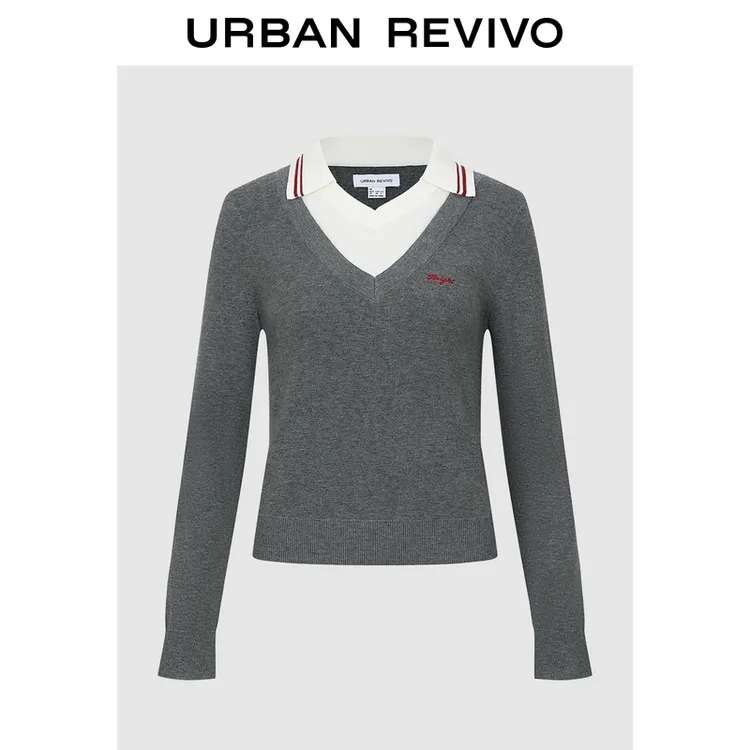 UR2025秋季新款女装休闲学院风撞色假两件针织衫UYU950145