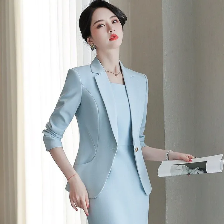 哥弟阿玛施正浅蓝色大码西装外套女春秋时尚气质职业正装小西服连