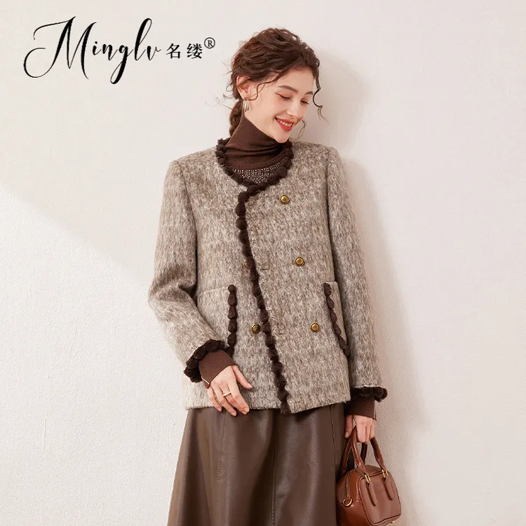 名缕女装时尚复古撞色圆领厚外套2025冬新款双排扣高级感毛呢外套