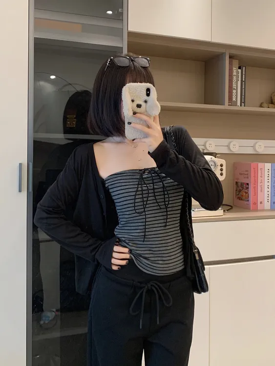 大码胖MM甜辣妹复古绑带防晒短款小开衫女夏季条纹抹胸两件套