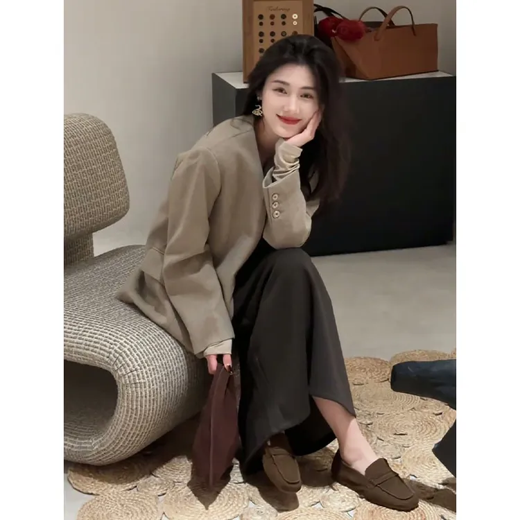 2025早秋新款女韩系穿搭宽松百搭长袖西装外套气质高腰开叉半身裙