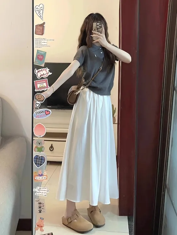 小个子白色半身裙女2025新款夏季微胖穿搭polo衫短袖t恤两件套装