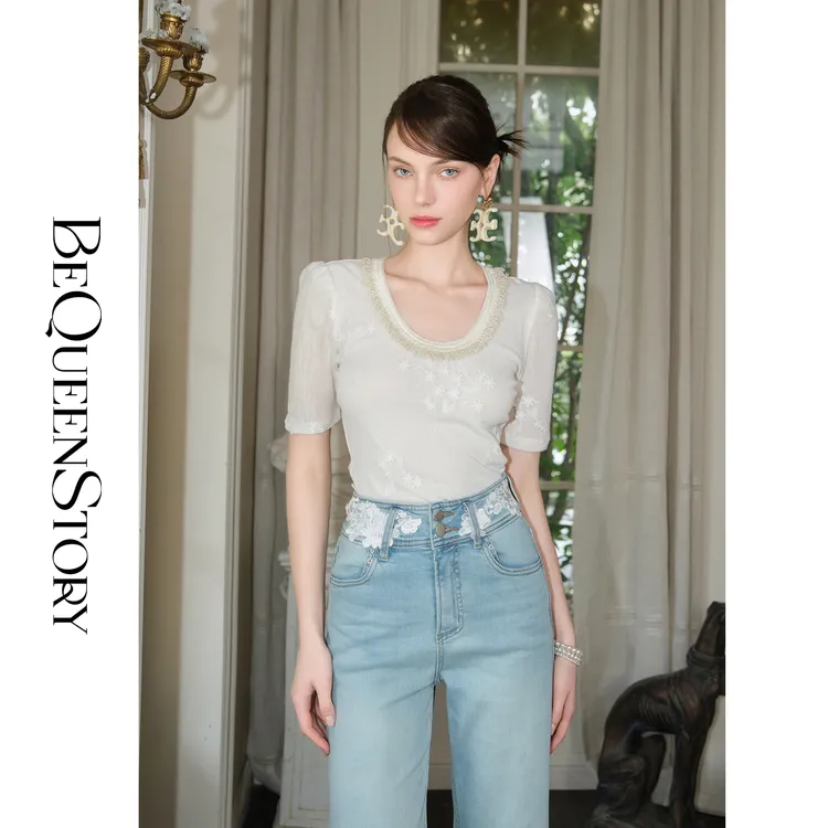 余潇潇【合欢花语】新款显瘦气质百搭领口蕾丝花边针织T恤