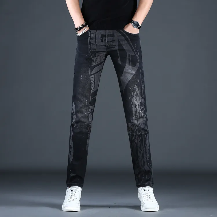 MR.25高端牛仔裤印花冬季新款修身小脚弹力厚款长裤潮牌弹力男裤