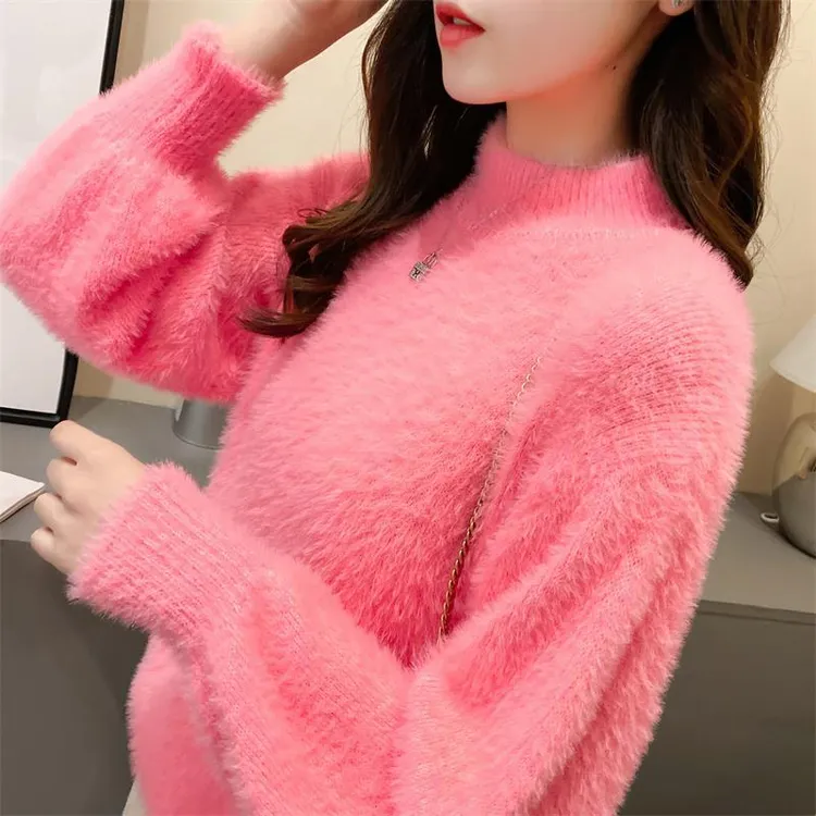 2025春秋冬灯笼袖仿貂绒半高领宽松纯色针织衫套头毛衣女热销