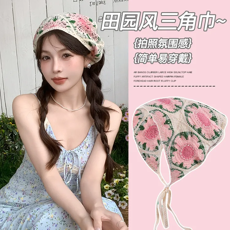 手工针织三角头巾发箍女早春出游拍照三角巾田园风氛围感配饰头饰