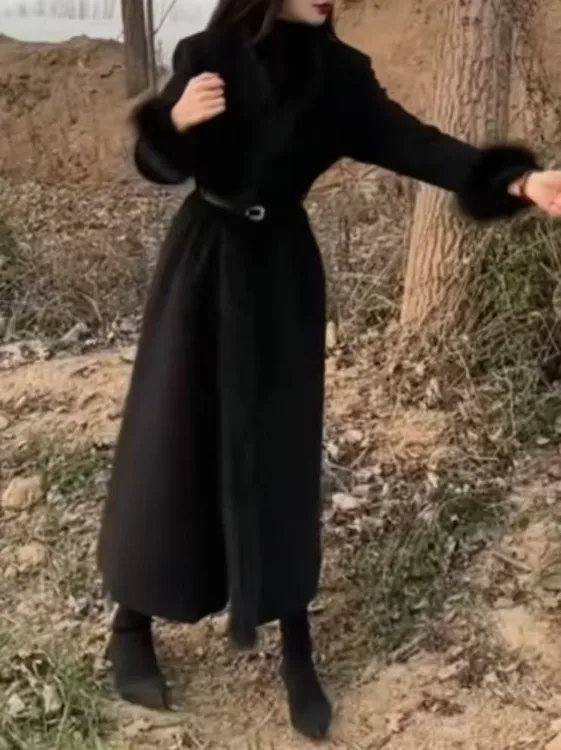 毛毛袖口显瘦女冬季气质中长款腰带毛边收腰冬天外套