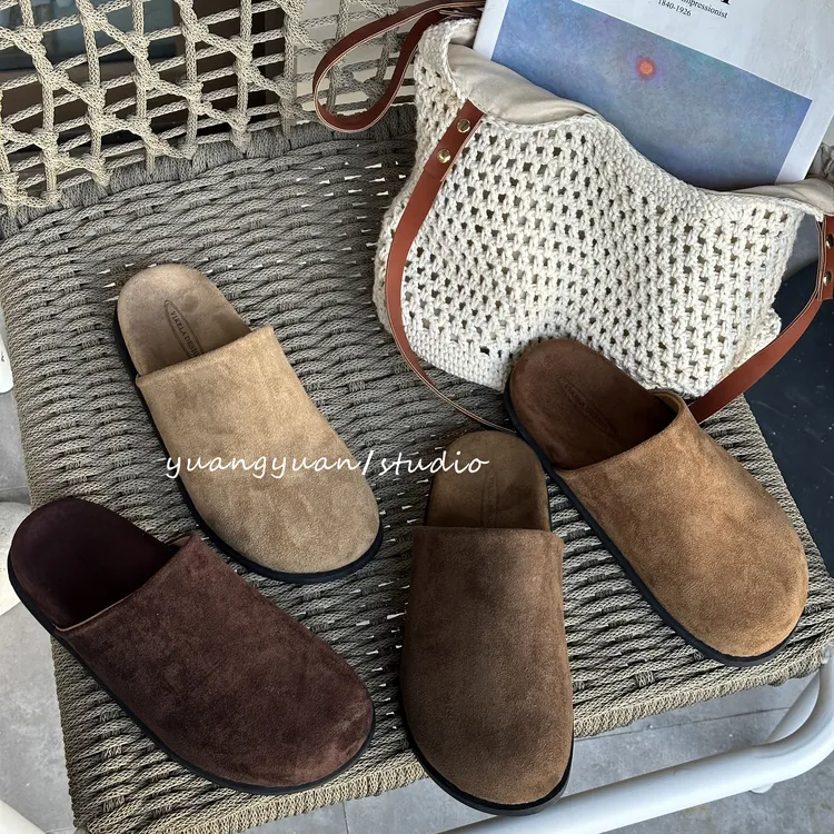 秋季新款复古平底包头松糕底磨砂极简老钱风欧若质感拖鞋