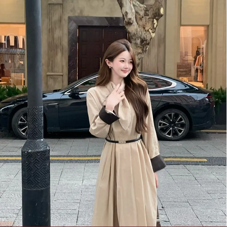 佐佐家小个子韩系高级感气质领结长袖风衣连衣裙春秋季小个子风衣