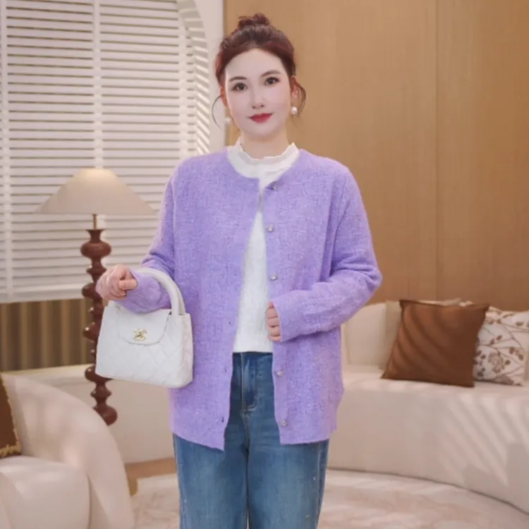 【小香风绵羊毛花纱】MsShe大码女装冬珠片圆领毛衣外套S~E2509018