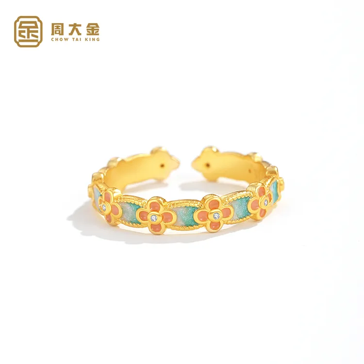 925银戒指 周大金珐琅彩色繁花如意戒指女四叶草桃花指环开口戒指