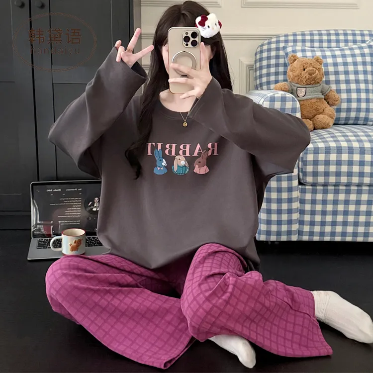 100%棉大码睡衣女春秋季纯棉休闲时尚胖mm200斤宽松家居服套装12