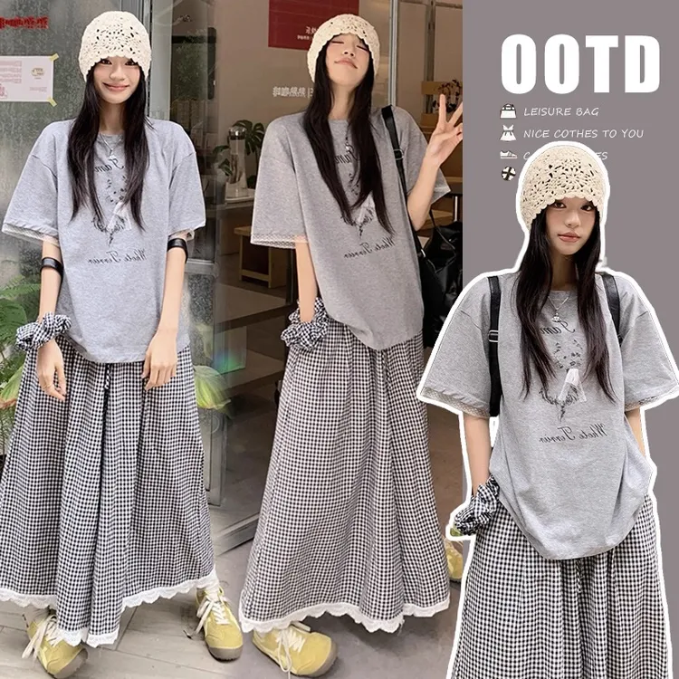 孕妇装夏装外穿2025时尚孕妈穿搭格子阔腿裤裙薄款短袖夏季休闲