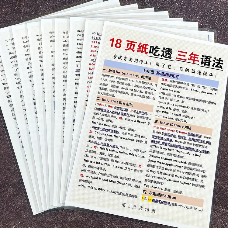 18页吃透初中英语语法大全提高学习效率归纳提分巩固训练闪卡A4纸