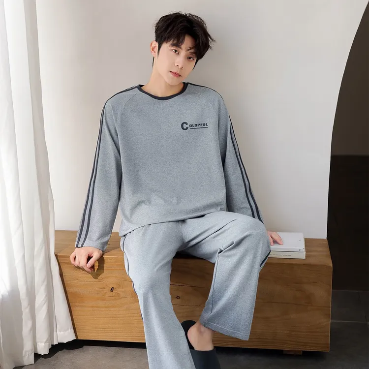 新款高档柔软时尚秋冬睡衣男纯棉春秋季休闲长袖家居服套装春秋男