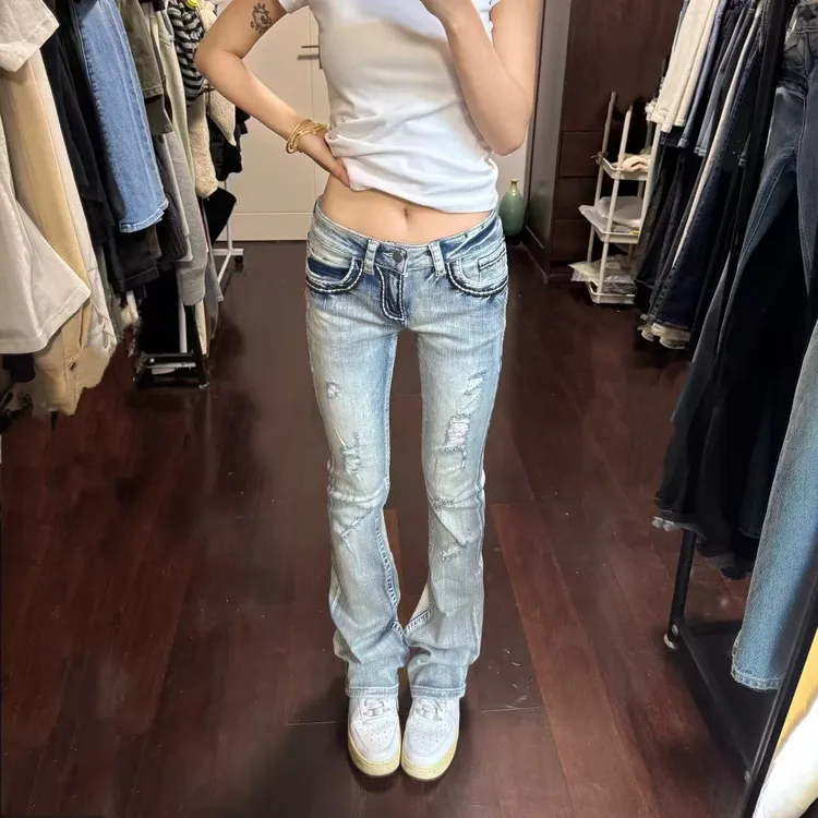 夏季薄款低腰浅色破洞弹力牛仔小微喇裤拖地裤女款